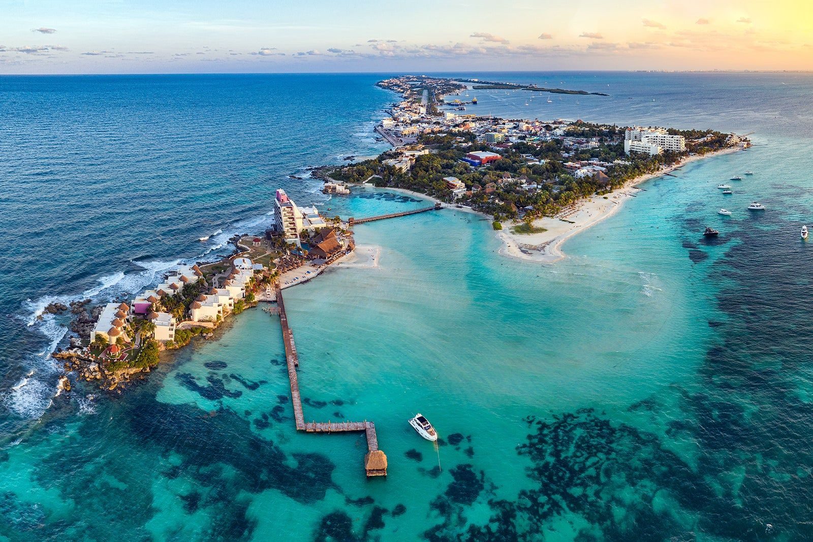Aerial view of Isla Mujeres off the coast near Cancun
